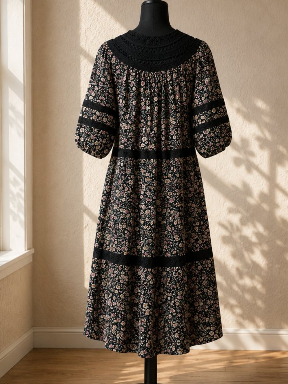 Sundance Isadora Blooms Floral Midi Dress S Black Cotton Viscose Tiered Boho - Picture 5 of 8